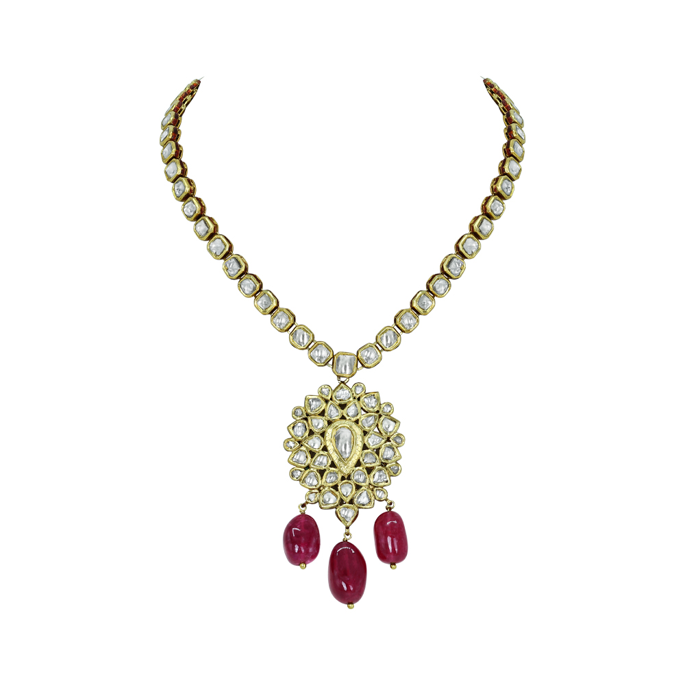 Polki Diamond Necklace with Floral Pendant and Tourmaline Drops